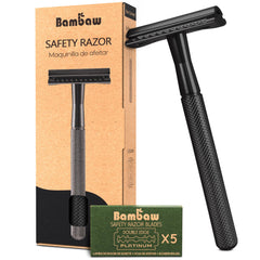 Bambaw safety razor with black handle close-up shows durable metal build for a smooth shave.
