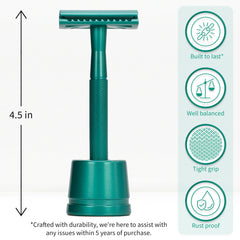 Bambaw safety razor metal stand shows durability and reusable design for eco-friendly grooming.