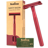 Bambaw safety razor red close-up shows durable metal for eco-friendly shaving.