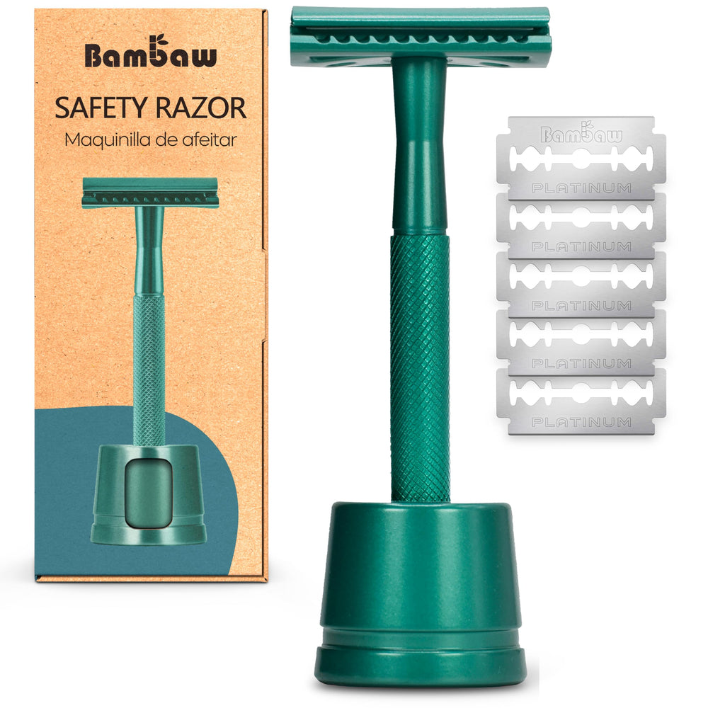 Bambaw sea green double-edge close comb safety razor on stand for a sustainable, neat shaving setup.