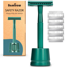 Bambaw sea green double-edge close comb safety razor on stand for a sustainable, neat shaving setup.