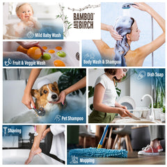 BAMBOO AND BIRCH Pure Castile Soap Liquid ingredients highlight natural palm oil free formulation.