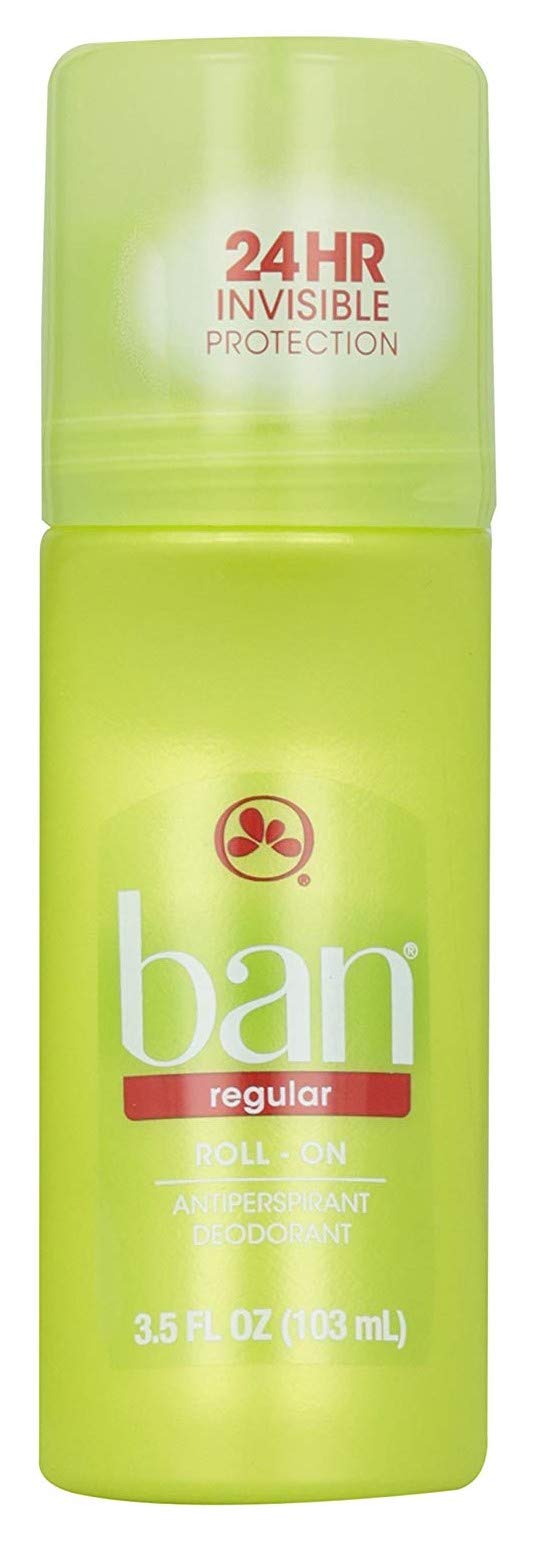 Ban deodorant roll-on bottle close-up showing smooth glide and all-day odor protection.