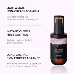 BANANAL glass hair shine closeup highlights glossy finish and frizz control.