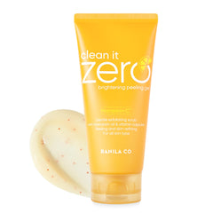Banila Co Clean it Zero Brightening Peeling Gel jar close-up shows gentle exfoliation for radiant skin