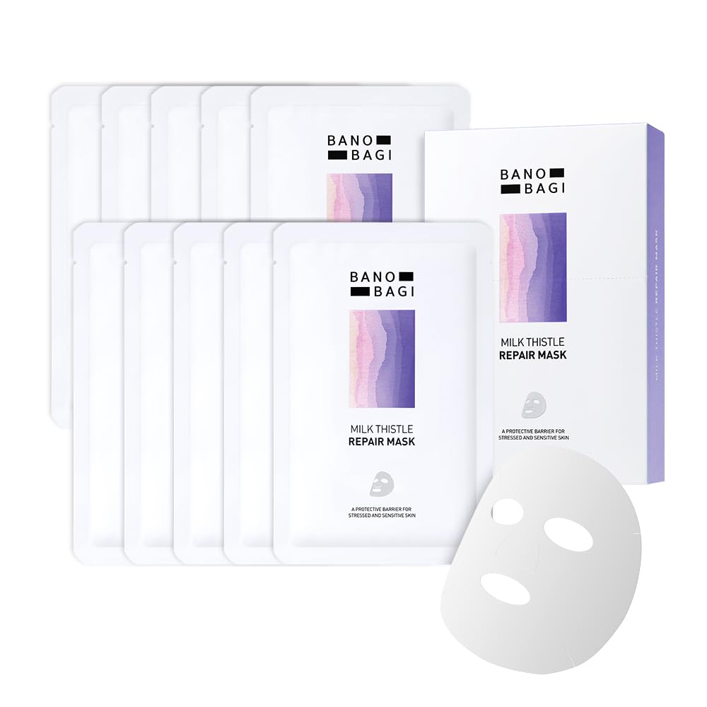 Banobagi Milk Thistle Repair Mask packaging highlights fragrance-free formula for sensitive skin comfort.