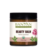 Banyan Botanicals Beauty Balm jar with rose geranium for moisturized skin.