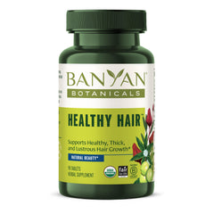 Banyan Botanicals Healthy Hair Tablets bottle front showing vegan Ayurvedic hair support.