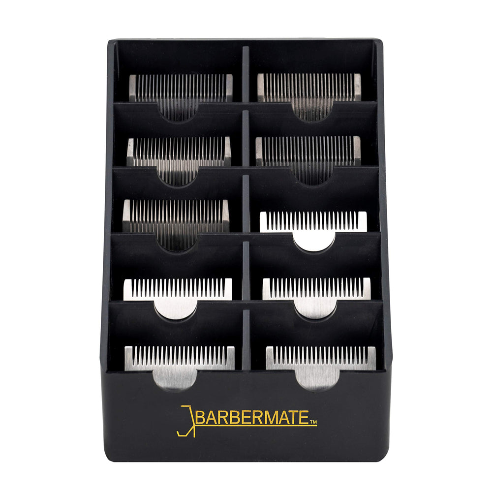 BarberMate blade rack front view shows organized blade storage for quicker trims