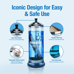 Barbicide disinfecting jar easy-grip handle offers comfortable lifting with minimal splashes.