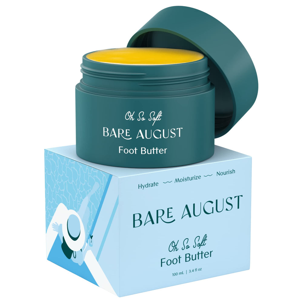 Bare August Foot Cream jar closeup highlights hydration for dry feet.