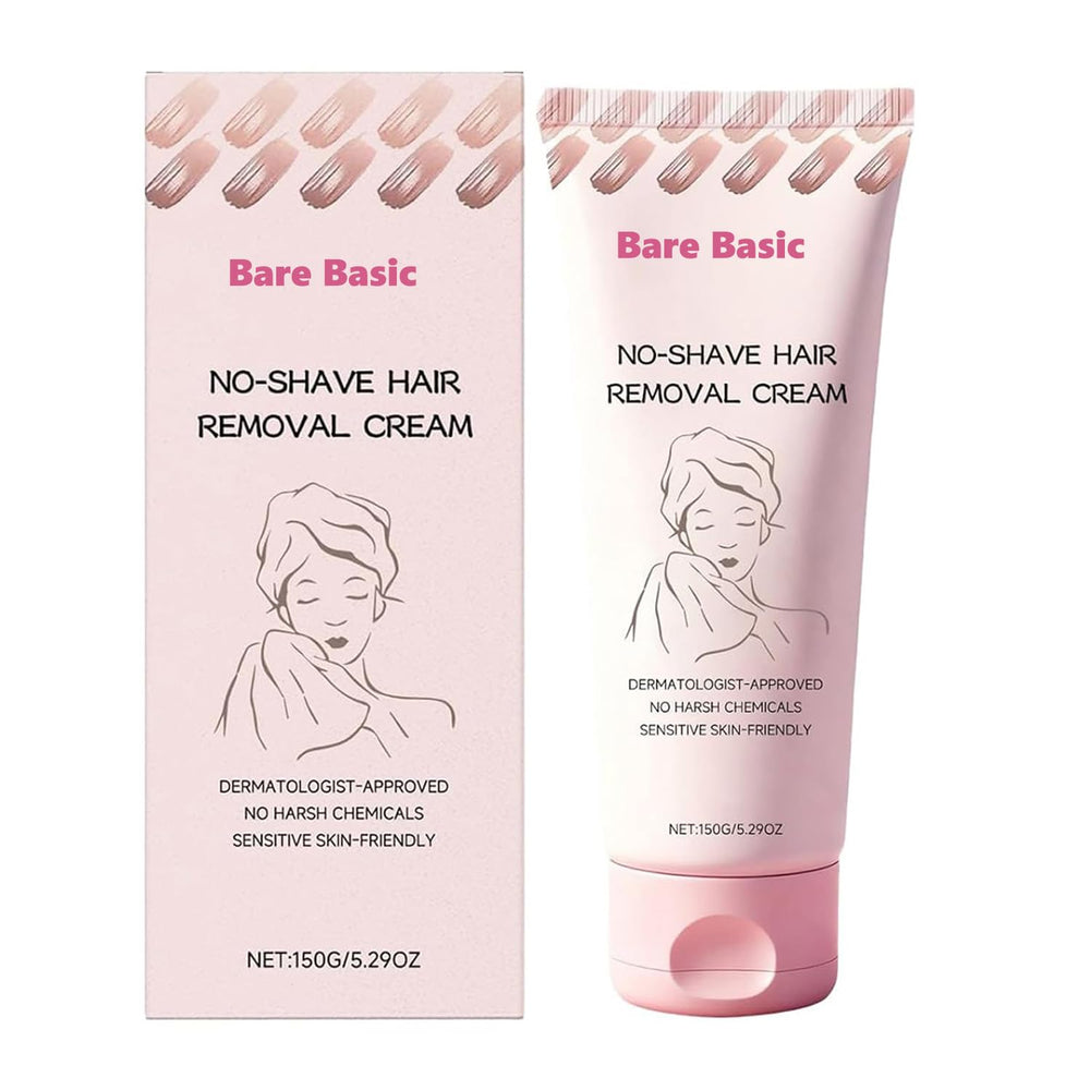 Bare Basic No Shave Cream packaging close-up, highlighting gentle formula for sensitive skin