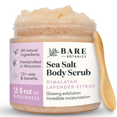 Bare Botanics 24oz scrub jar close-up for gentle exfoliation with natural ingredients.