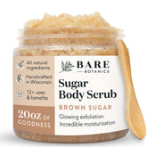 Bare Botanics Brown Sugar Scrub jar closeup showing exfoliation-ready texture.