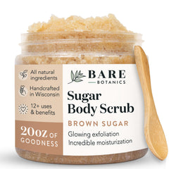 Bare Botanics Brown Sugar Scrub jar closeup showing exfoliation-ready texture.