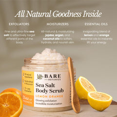 Bare Botanics scrub spoon beside jar in gift-ready packaging.