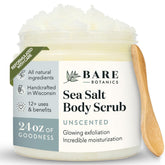 Bare Botanics Unscented Body Scrub jar closeup highlighting double exfoliation for radiant skin