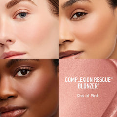 BareMinerals Complexion Rescue Liquid Blonzer swatch on cheek shows rosy-bronze glow.