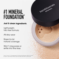 bareMinerals deluxe original loose mineral foundation SPF 15 packaging in hand highlights portable value size