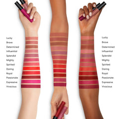 bareMinerals Mineralist shade on lips demonstrates lightweight, transfer-resistant wear.
