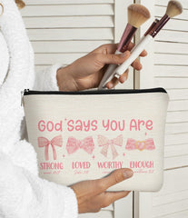 BARPERY pink linen cosmetic bag with print ideal for stylish travel organization.