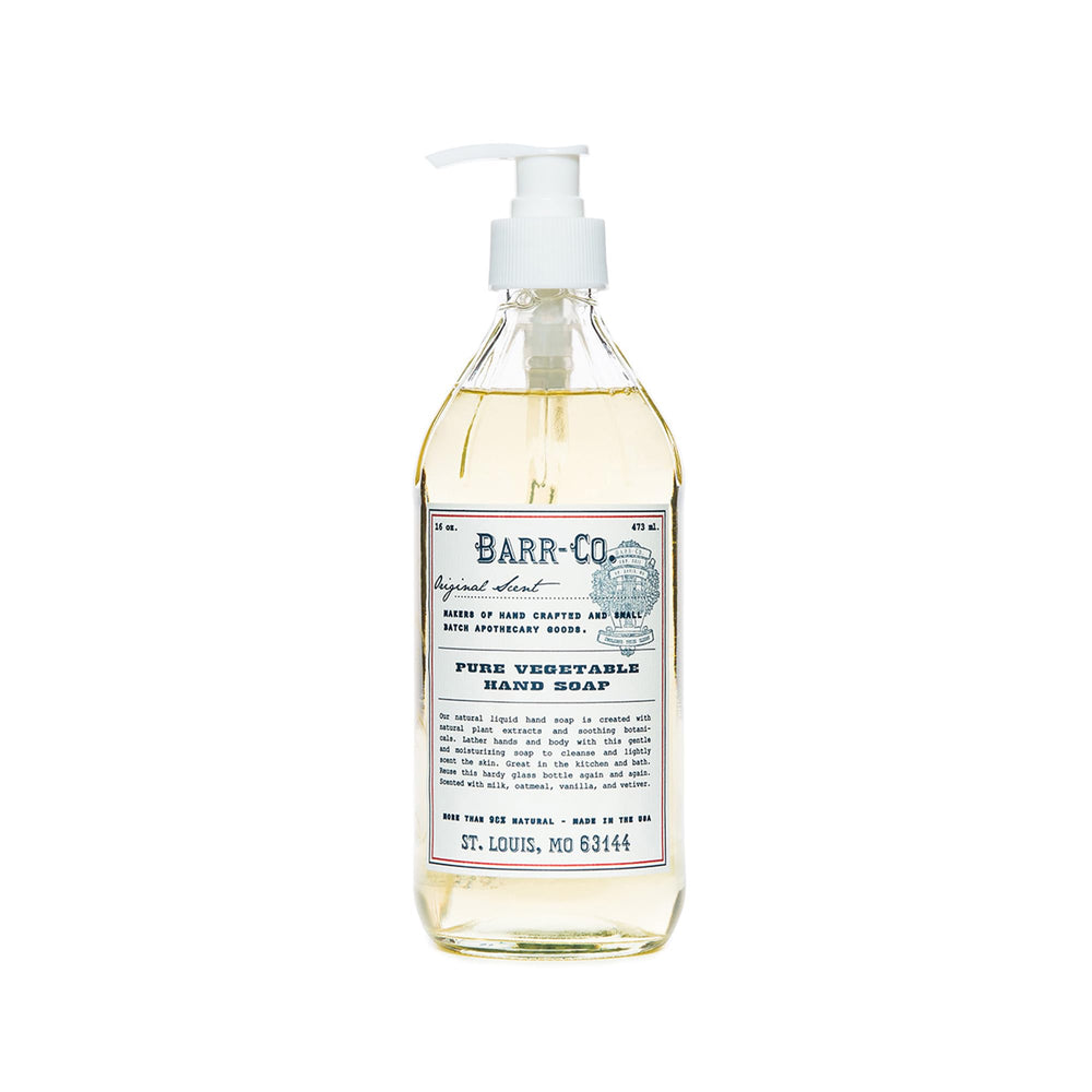 BARR-CO hand soap bottle shows oat-vanilla-vetiver moisturizing formula.