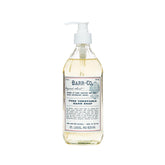 BARR-CO hand soap bottle shows oat-vanilla-vetiver moisturizing formula.