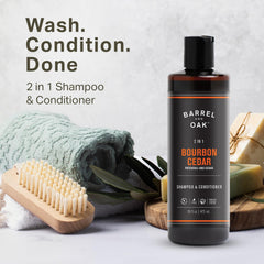Barrel & Oak 2in1 shampoo and conditioner on shelf for daily routine.