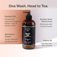 Barrel & Oak All-in-One Wash body bottle pour cleanses deeply without dryness.