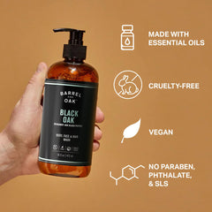 Barrel & Oak All-in-One Wash foam lather with bergamot and smoky vanilla scent.