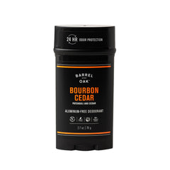 Barrel Oak bourbon-cedar stick demonstrates aluminum-free deodorant for lasting freshness.