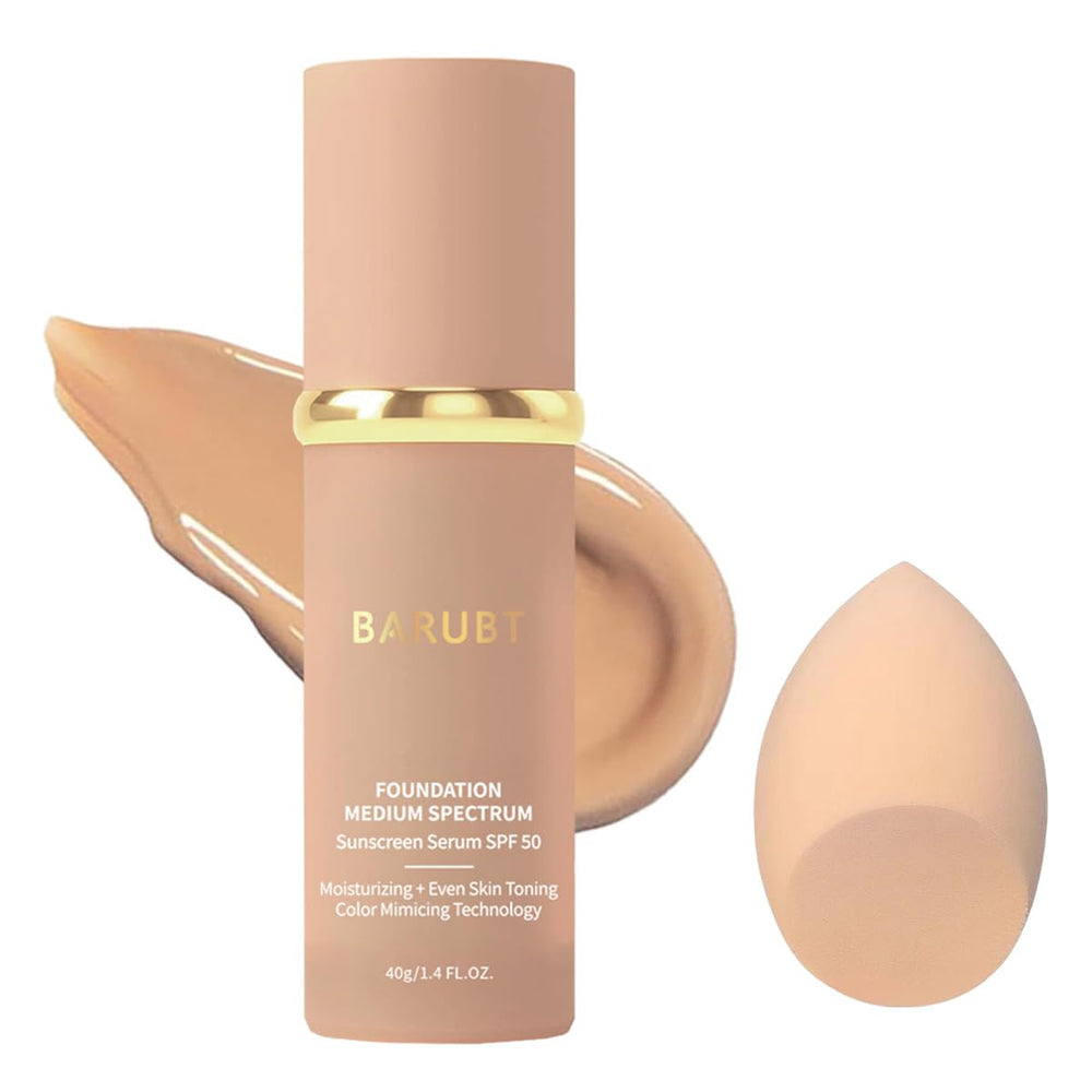 BARUBT color-changing foundation bottle demonstrates SPF50 protection and buildable coverage.