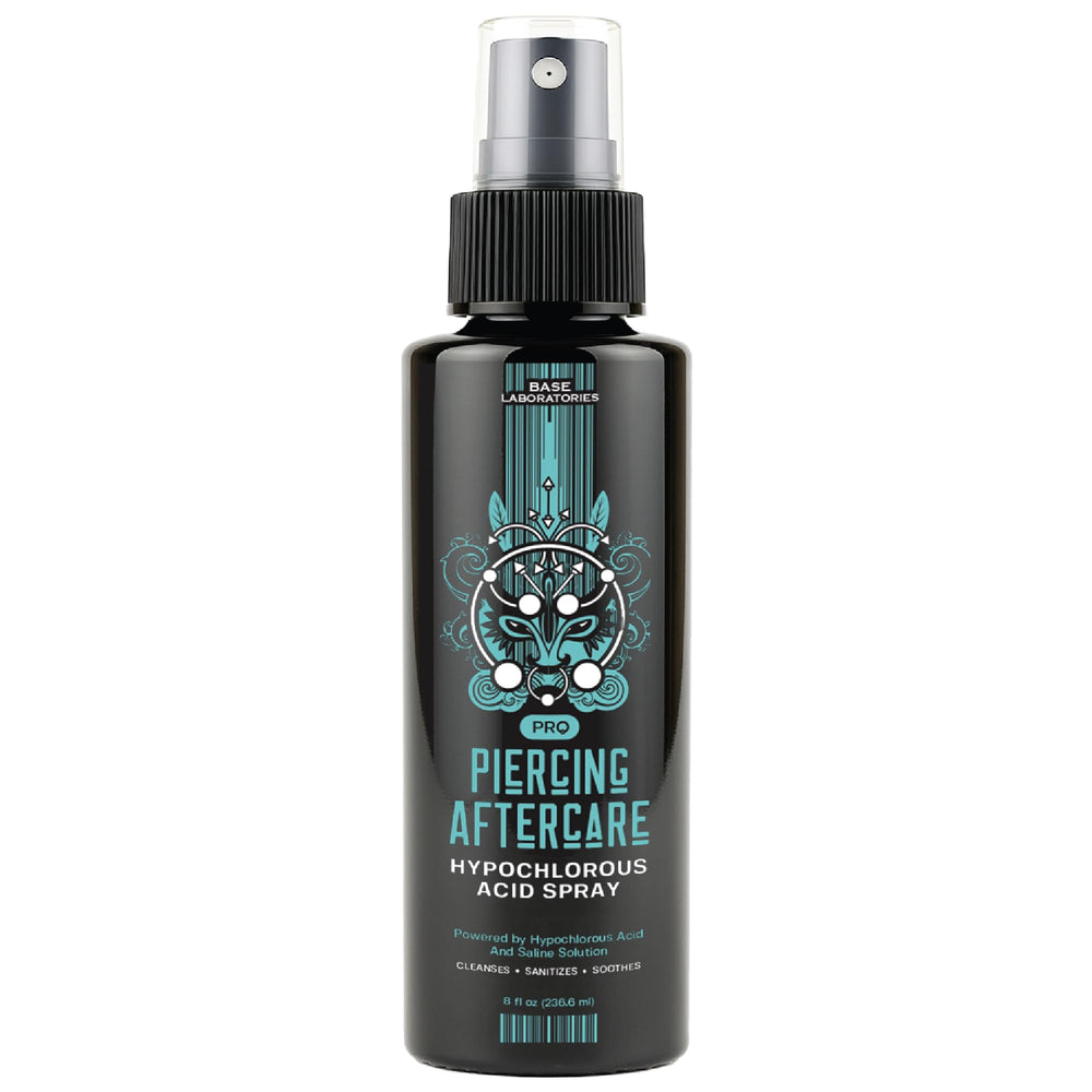 Base Laboratories HOCl spray 8oz bottle pour demonstrates easy application for piercings.