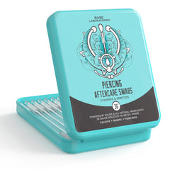 Base Labs piercing saline swabs packaging promotes portable, on-the-go aftercare for clean healing