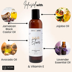 BASK & LATHER Elixir oil massaged into scalp illustrating soothing application and potential detangling benefits.