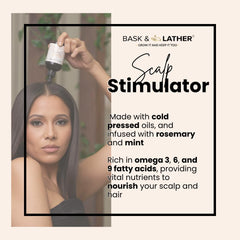 Bask & Lather Scalp Stimulator label closeup highlights mint and rosemary blend.