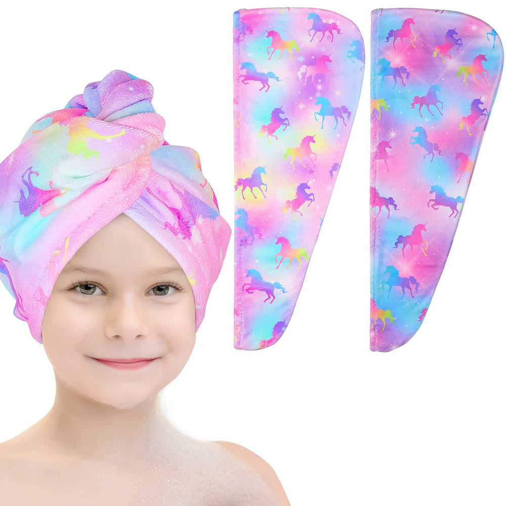 Basumee microfiber hair towel wrap with unicorn pattern for quick gentle drying.