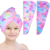 Basumee microfiber hair towel wrap with unicorn pattern for quick gentle drying.