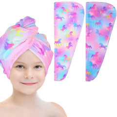 Basumee microfiber hair towel wrap with unicorn pattern for quick gentle drying.