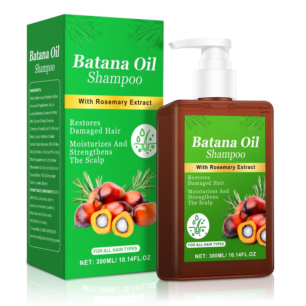 Batana Oil Shampoo bottle highlights hair growth potential with rosemary infusion for thicker-looking strands.