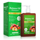Batana Oil Shampoo bottle highlights hair growth potential with rosemary infusion for thicker-looking strands.