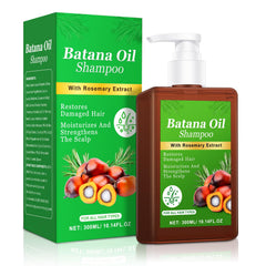 Batana Oil Shampoo bottle highlights hair growth potential with rosemary infusion for thicker-looking strands.