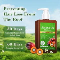 Batana Oil Shampoo with rosemary leaves on label promotes scalp nourishment during daily washes.