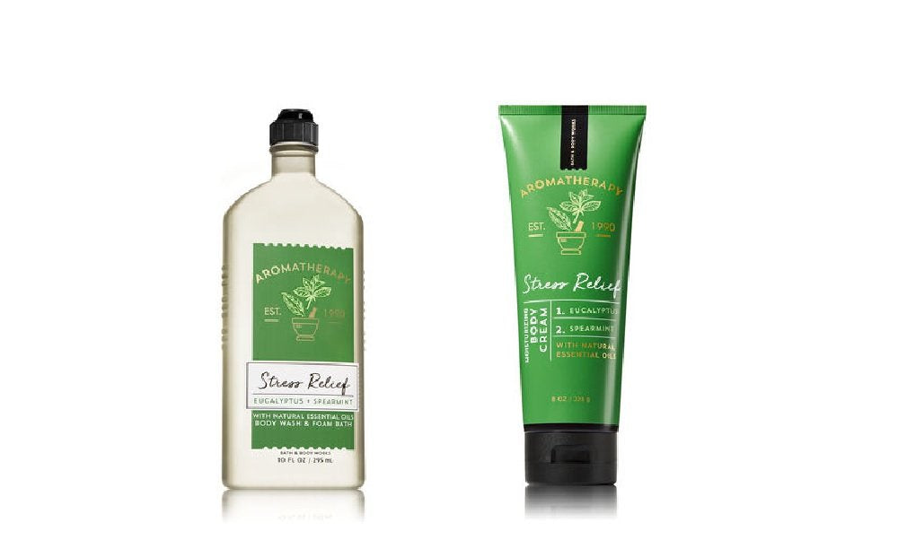 Bath & Body Works Aromatherapy Eucalyptus Spearmint bundle front view promotes refreshing cleanse and hydration.