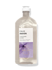 Bath & Body Works Calm Haven Lavender Iris bottle pour for a refreshing shower ritual