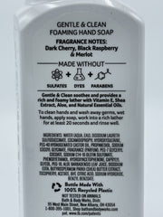 Bath & Body Works Gentle Foaming Hand Soap Black Cherry Merlot label close-up highlights fruity scent and skin-softening benefits.