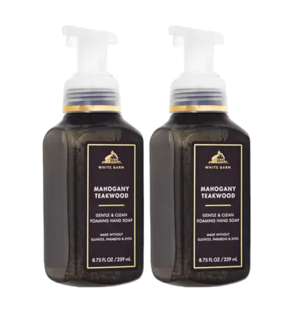 Bath and Body Works Gentle Foaming Hand Soap Mahogany Teakwood bottle pour delivers rich lather and skin-softening moisture.