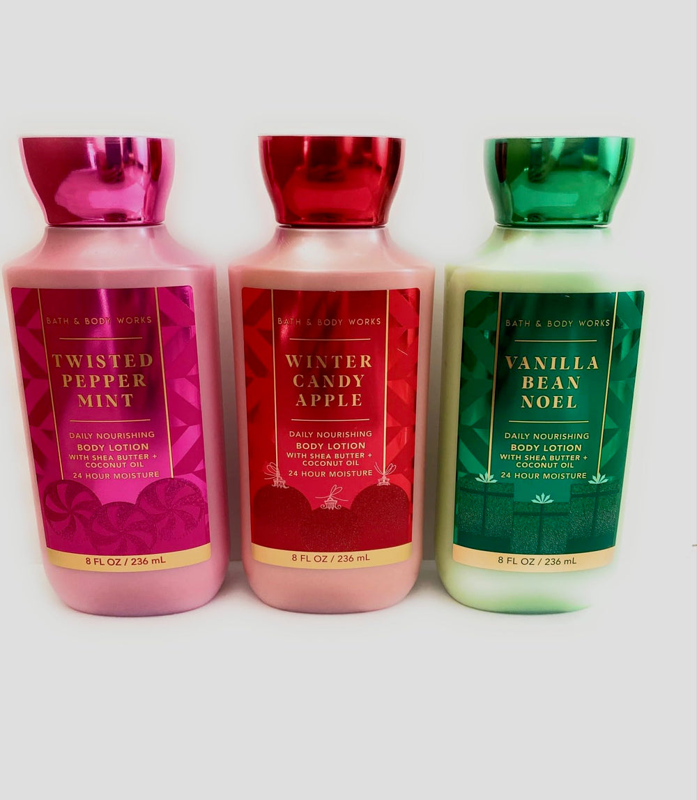 Bath & Body Works Holiday Traditions gift set front view nourishes skin with three festive lotions