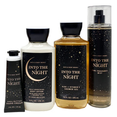 Bath & Body Works Into The Night gift bag components inside with lotion, gel, mist, and hand cream