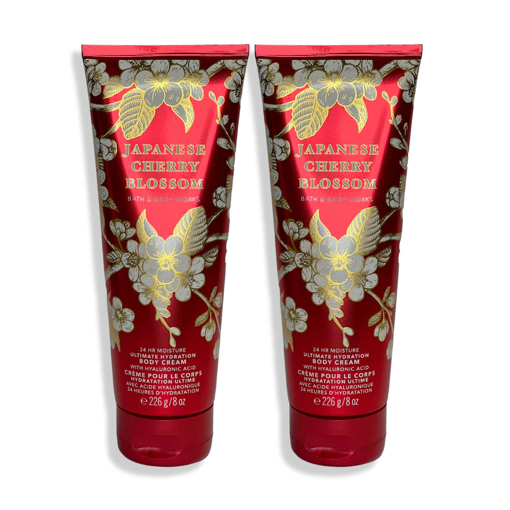 Bath & Body Works Japanese Cherry Blossom body cream packaging shows two 8 oz tubes for hydration.